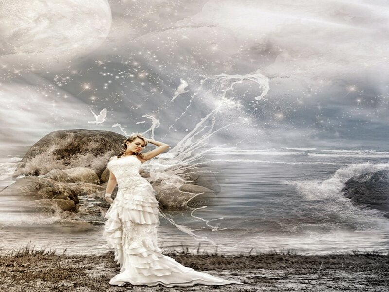 Woman in White Dress — Dreamy, Night, Digital Art