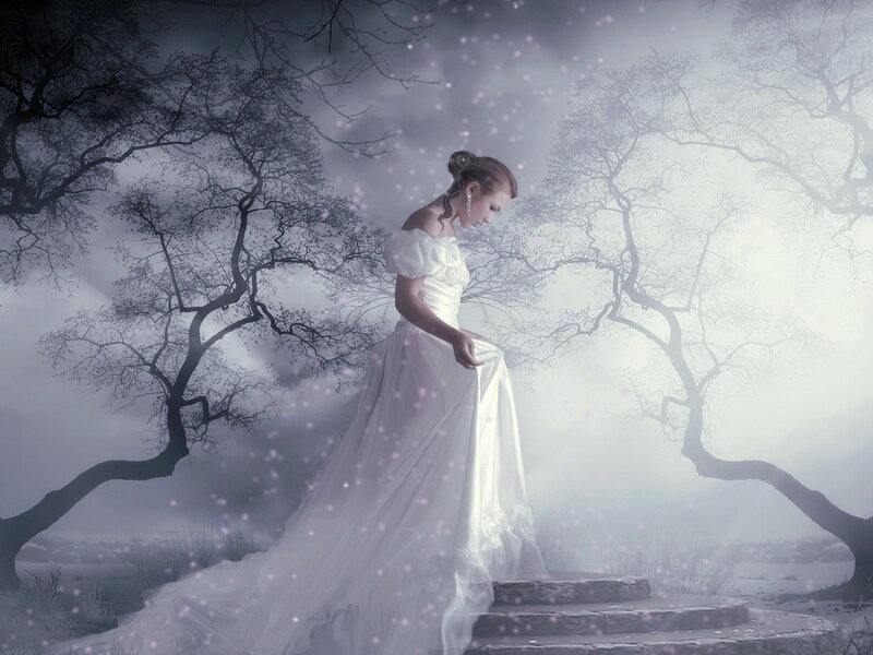 Woman in White Dress — Dreamy, Night, Digital Art, Trees