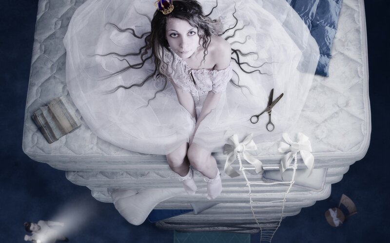 Woman in White Dress — Dreamy, Night, Photograph, Scissors