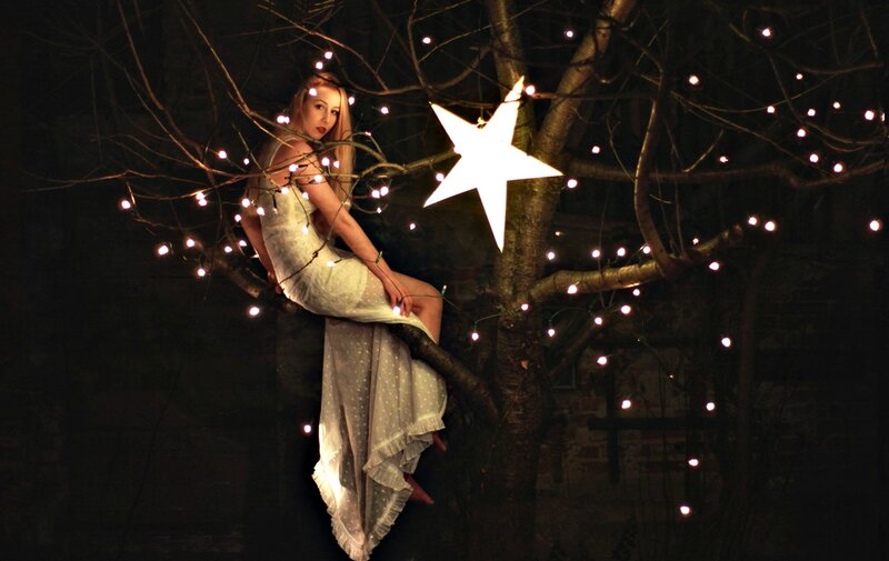 Woman in White Dress — Dreamy, Night, Photograph, Tree