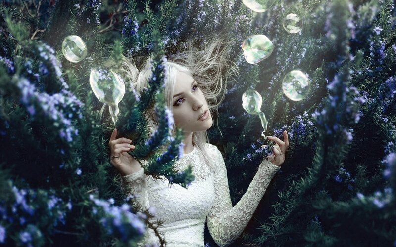 Woman in White Dress — Dreamy, Photograph, Bubbles, Flowers