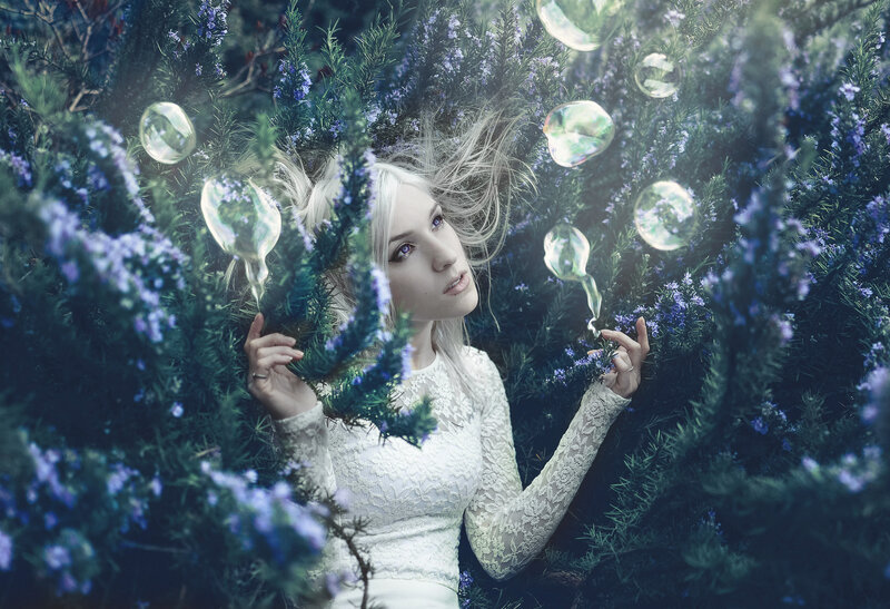 Woman in White Dress — Dreamy, Photograph, Bubbles