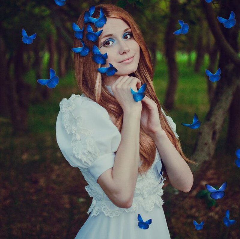 Woman in White Dress — Dreamy, Photograph, Butterflies
