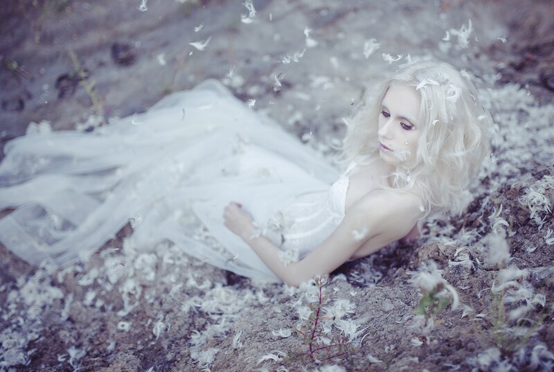 Woman in White Dress — Dreamy, Photograph, Feathers