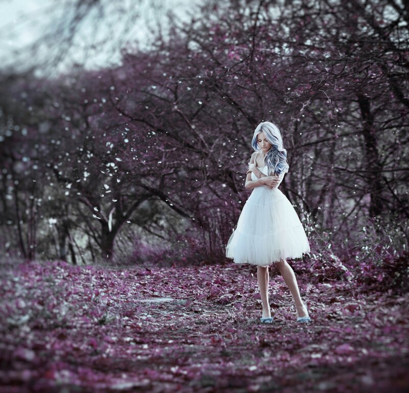 Woman in White Dress — Dreamy, Spring, Digital Art, Trees