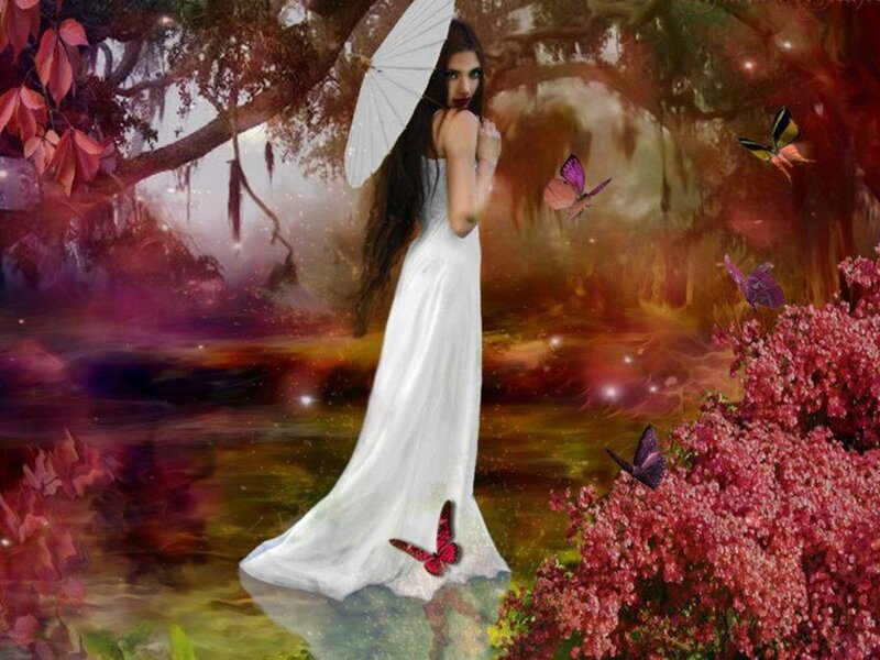 Woman in White Dress — Dreamy, Sunset, Digital Art, Butterflies