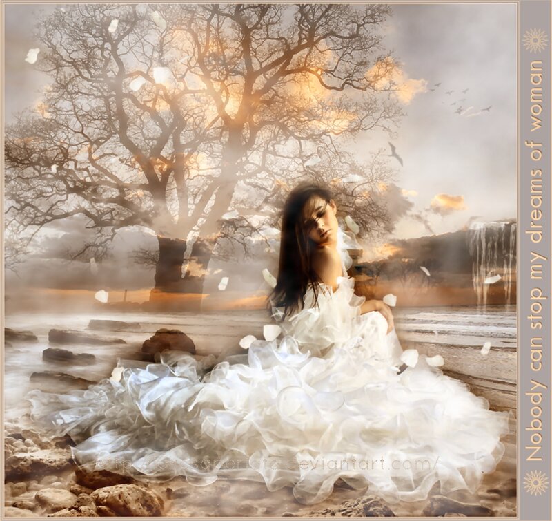Woman in White Dress — Dreamy, Sunset, Digital Art, Tree