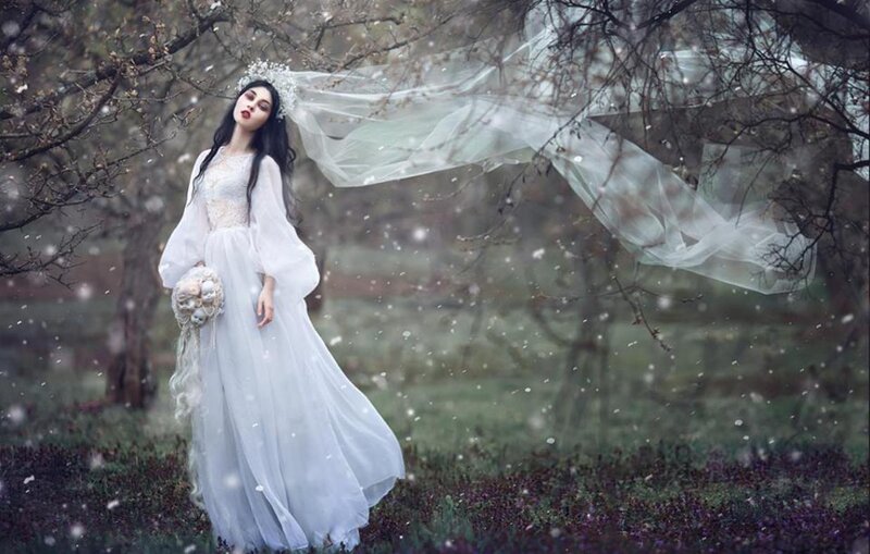 Woman in White Dress — Dreamy, Winter, Photograph, Veil