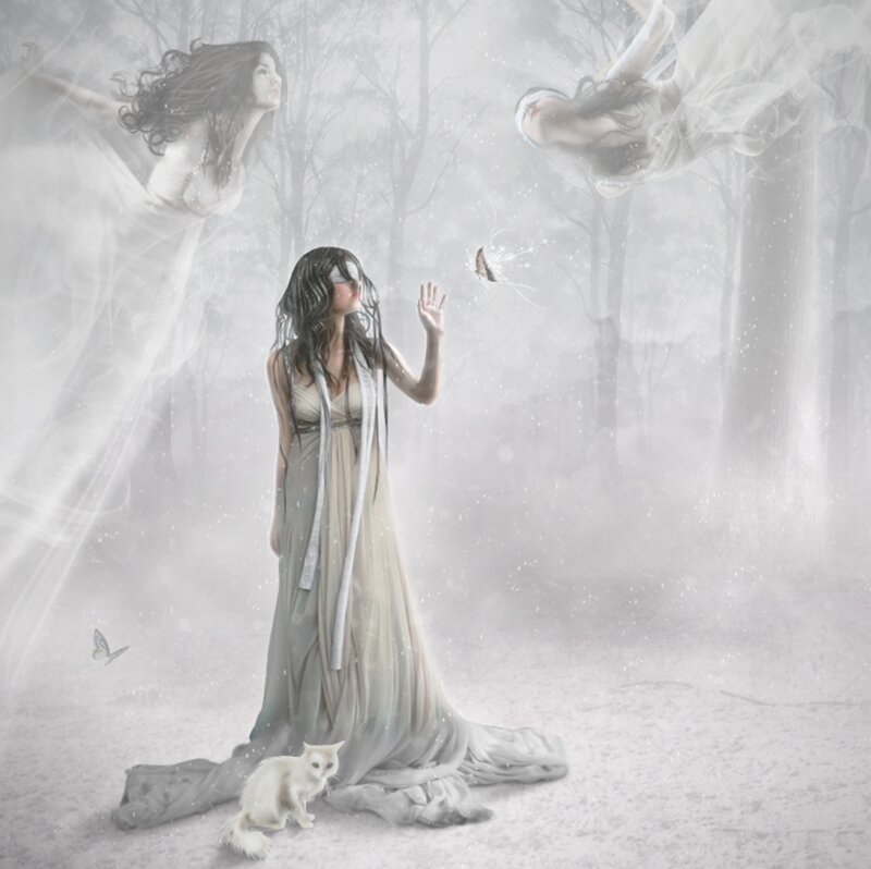 Woman in White Dress — Ethereal, Digital Art, Cat