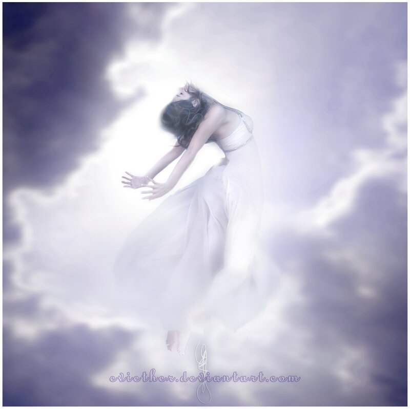 Woman in White Dress — Ethereal, Digital Art, Clouds, Light