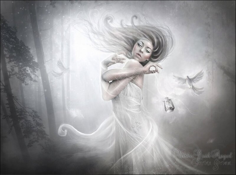 Woman in White Dress — Ethereal, Digital Art, Doves