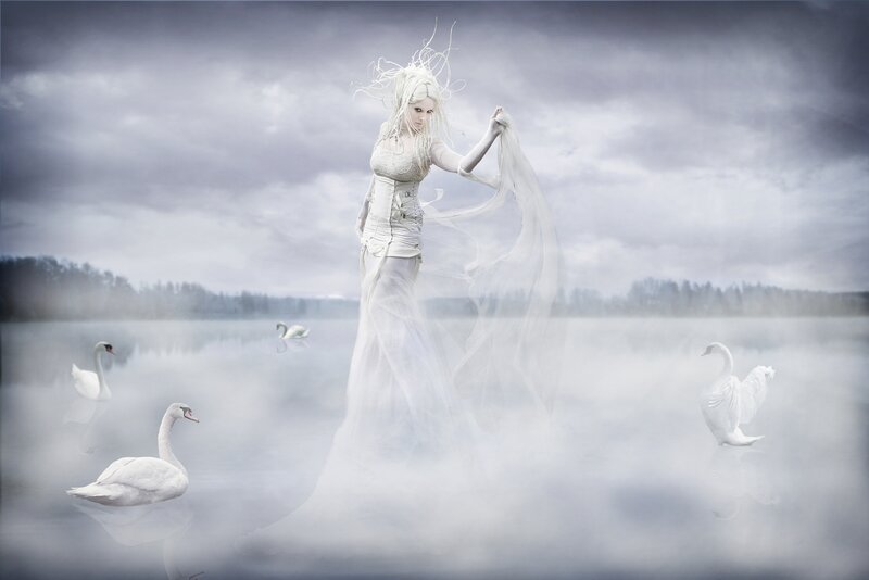 Woman in White Dress — Ethereal, Digital Art, Swans