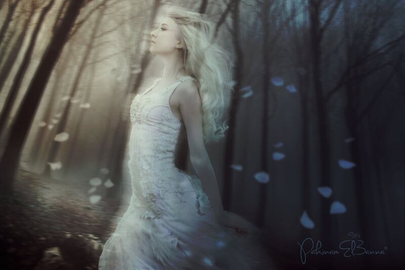 Woman in White Dress — Ethereal, Night, Digital Art, Forest