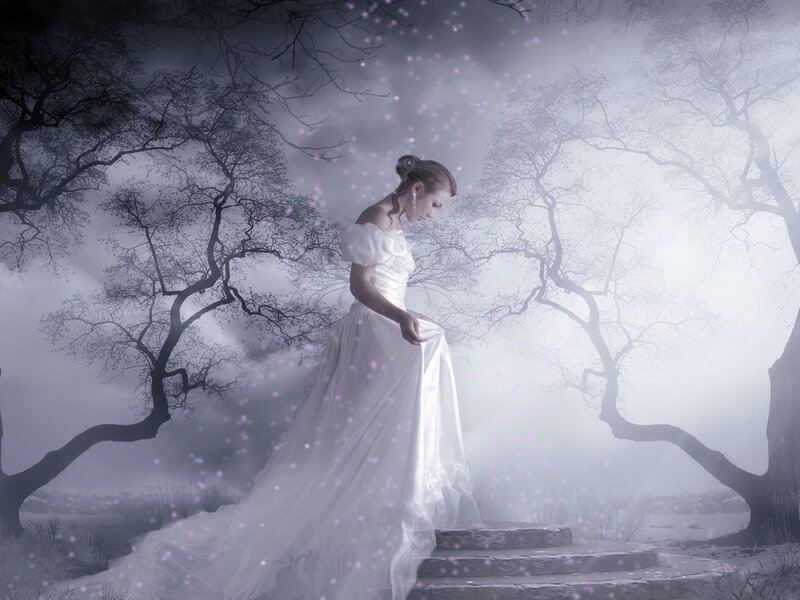 Woman in White Dress — Ethereal, Night, Digital Art, Trees