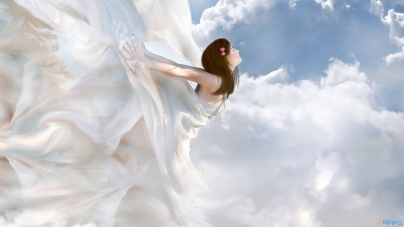 woman in white dress flying