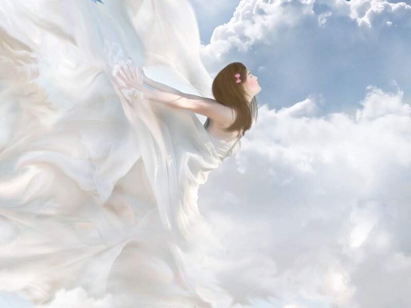 woman in white dress flying through clouds