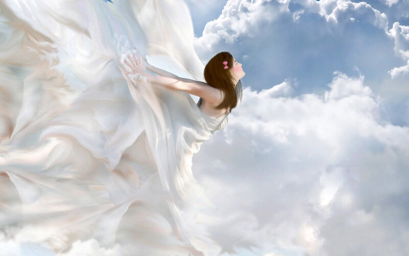 woman in white dress flying