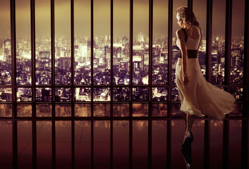 Woman in White Dress — Gold, Dramatic, Night, Photograph
