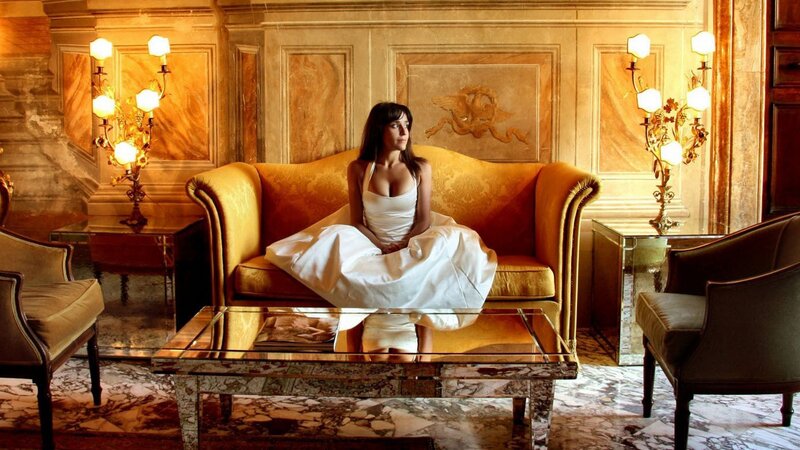 Woman in White Dress — Gold, Dramatic, Photograph, Sofa, Lamp