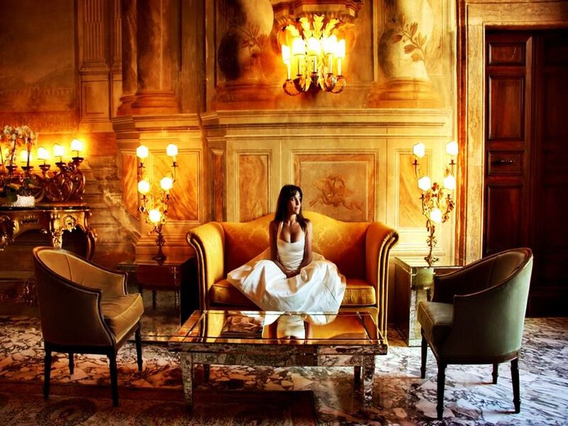 Woman in White Dress — Gold, Dramatic, Photograph, Sofa