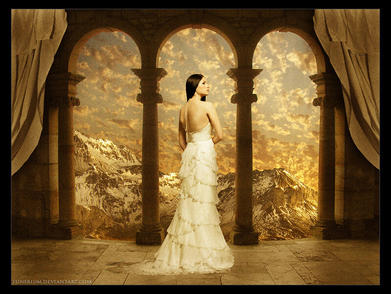 Woman in White Dress — Gold, Dramatic, Sunset, Digital Art, Arches