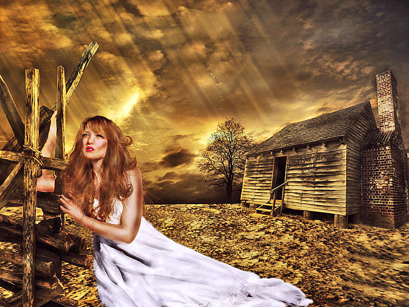 Woman in White Dress — Gold, Dramatic, Sunset, Digital Art, Cabin