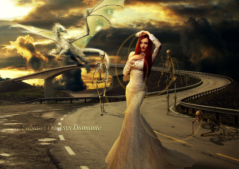 Woman in White Dress — Gold, Dramatic, Sunset, Digital Art, Dragon