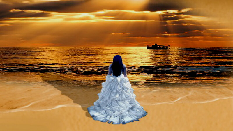 Woman in White Dress — Gold, Dramatic, Sunset, Digital Art, Ocean