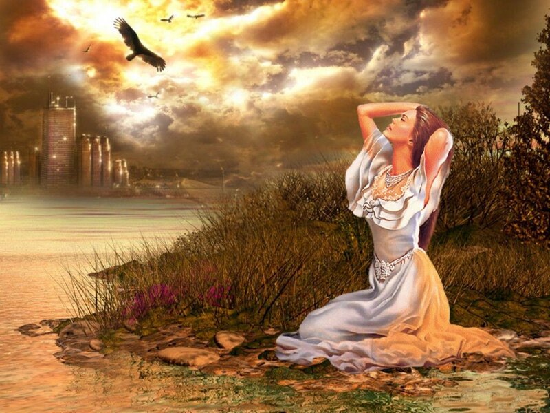 Woman in White Dress — Gold, Dramatic, Sunset, Digital Art