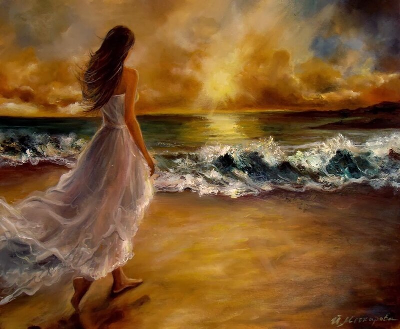 Woman in White Dress — Gold, Dramatic, Sunset, Painting