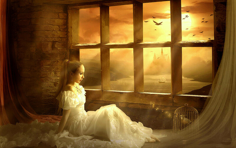Woman in White Dress — Gold, Dramatic, Sunset