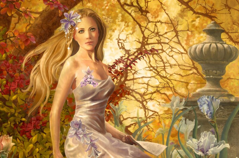 Woman in White Dress — Gold, Serene, Autumn