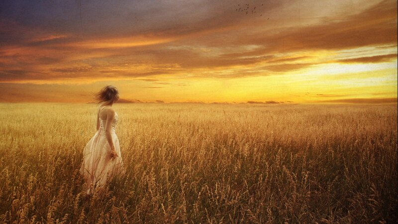 Woman in White Dress — Gold, Serene, Sunset, Digital Art, Field, Sky