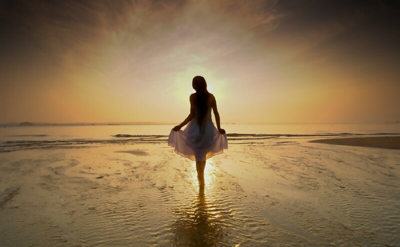 Woman in White Dress — Gold, Serene, Sunset