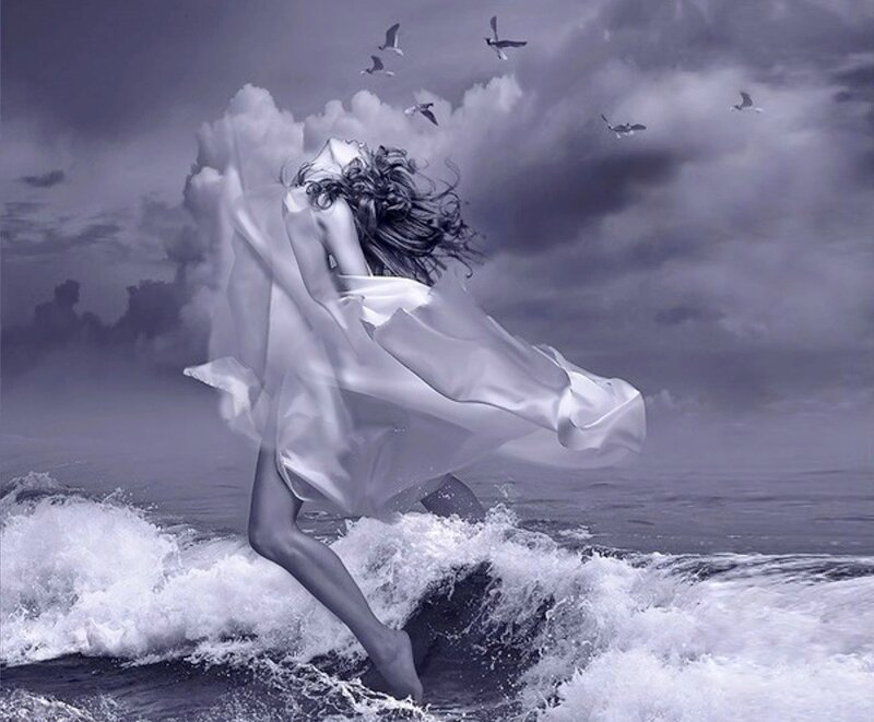 Woman in White Dress — Gray, Dramatic, Digital Art, Birds