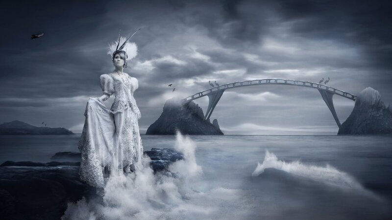 Woman in White Dress — Gray, Dramatic, Digital Art, Bridge, Birds