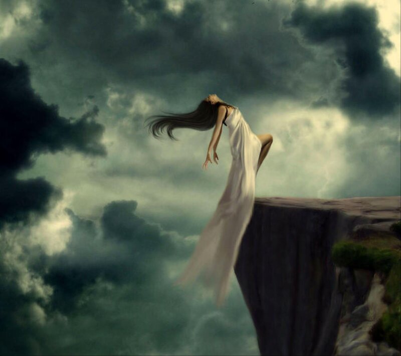 Woman in White Dress — Gray, Dramatic, Digital Art, Cliff, Clouds, Long Hair