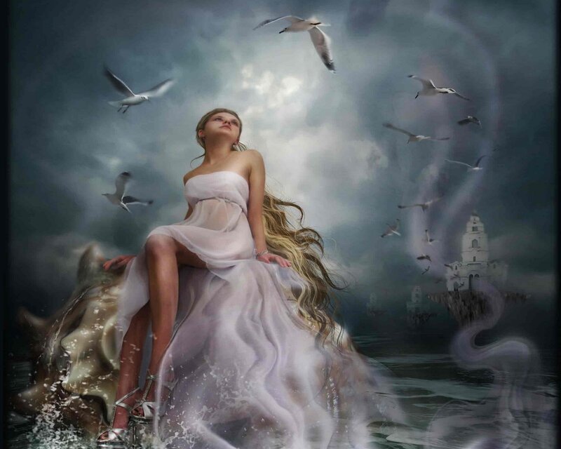Woman in White Dress — Gray, Dramatic, Digital Art, Seagulls