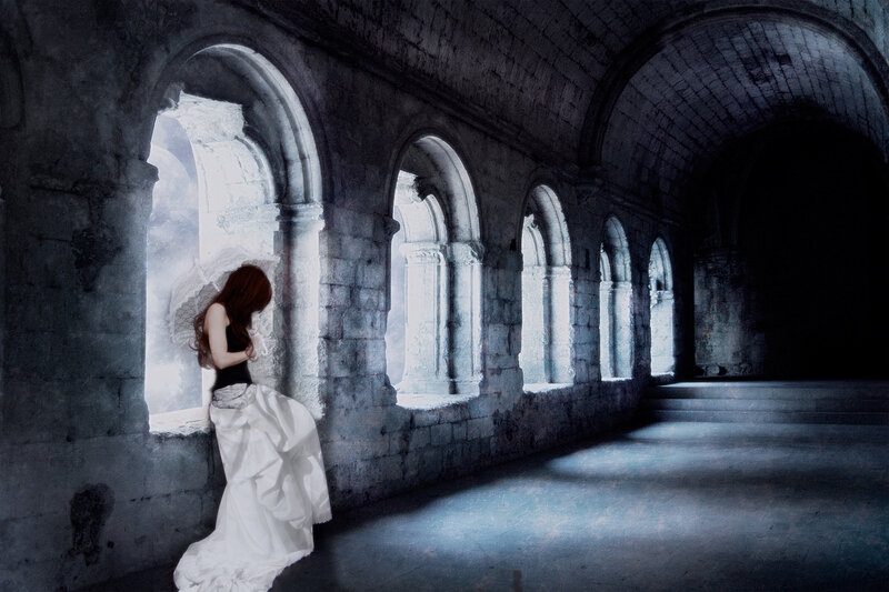 Woman in White Dress — Gray, Dramatic, Digital Art, Stone Arches