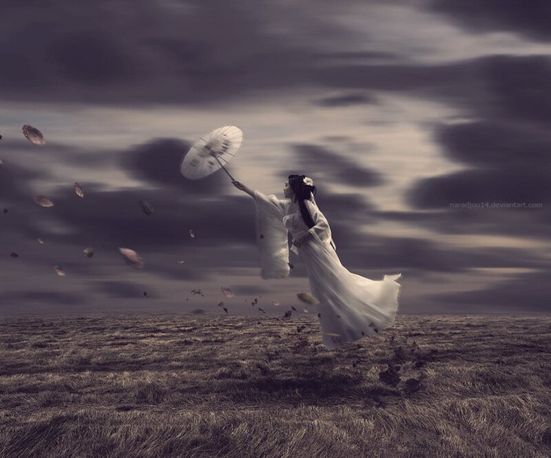 Woman in White Dress — Gray, Dramatic, Digital Art, Umbrella