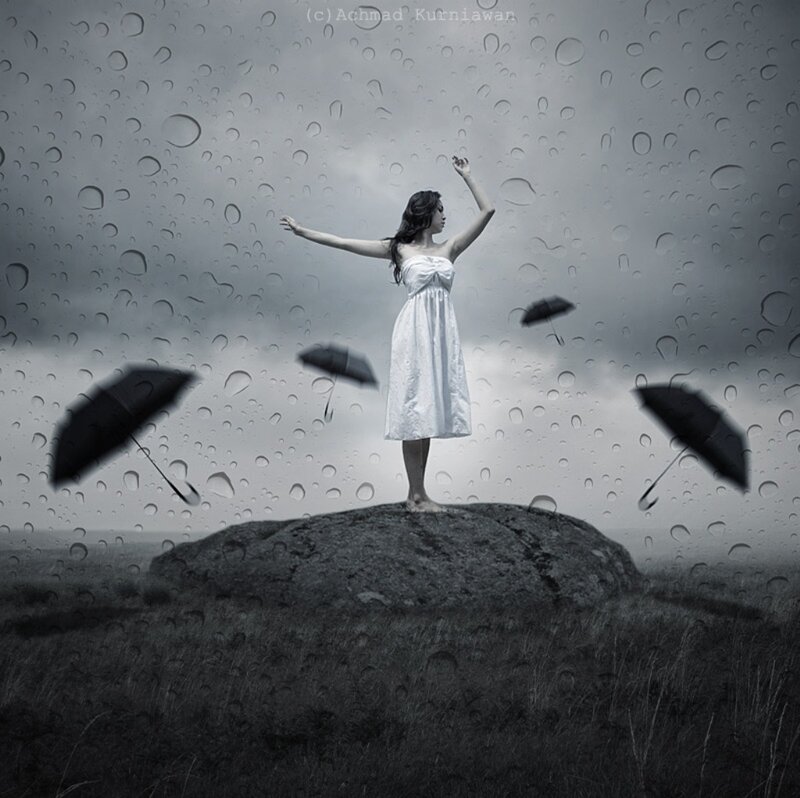 Woman in White Dress — Gray, Dramatic, Digital Art, Umbrellas, Rock