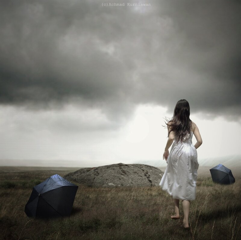 Woman in White Dress — Gray, Dramatic, Digital Art, Umbrellas