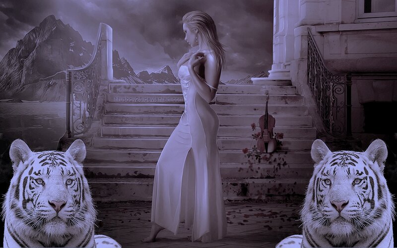 Woman in White Dress — Gray, Dramatic, Digital Art, White Tigers