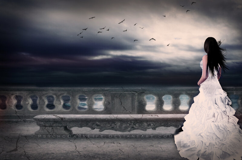 Woman in White Dress — Gray, Dramatic, Night, Digital Art, Birds