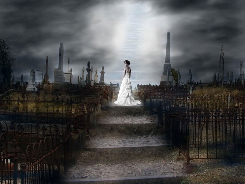 Woman in White Dress — Gray, Dramatic, Night, Digital Art, Cemetery