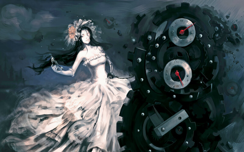 Woman in White Dress — Gray, Dramatic, Night, Digital Art, Clocks