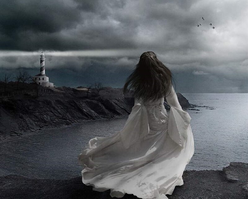 Woman in White Dress — Gray, Dramatic, Night, Digital Art, Lighthouse