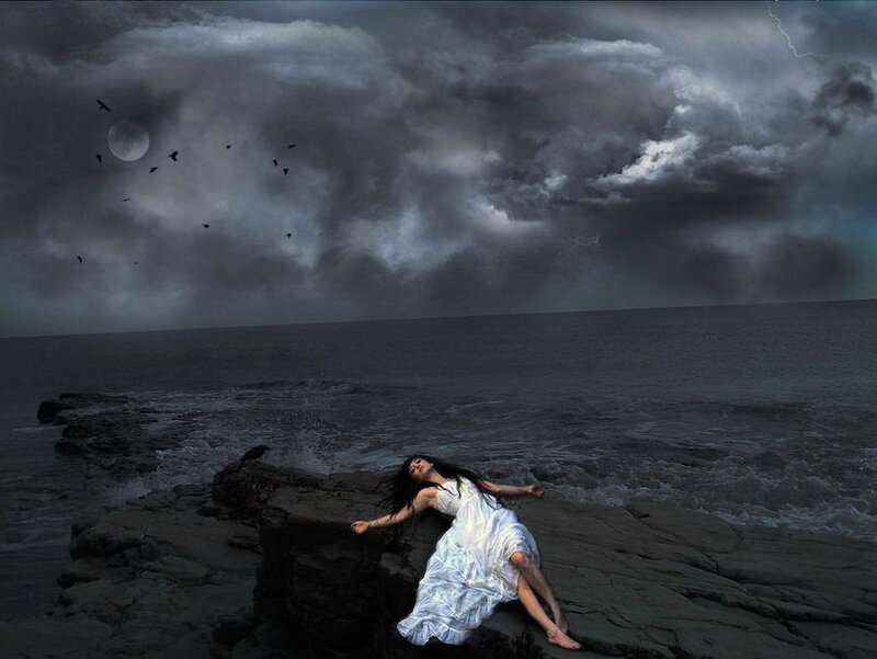 Woman in White Dress — Gray, Dramatic, Night, Digital Art, Ocean