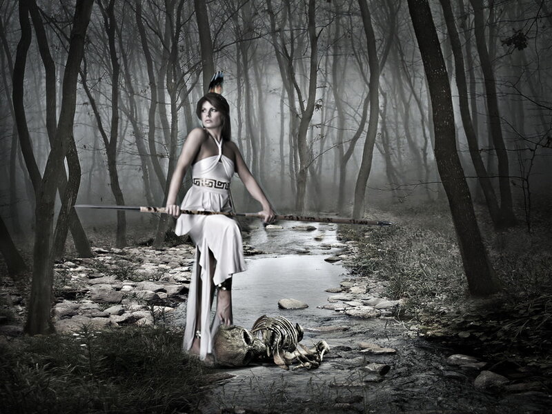 Woman in White Dress — Gray, Dramatic, Night, Digital Art, Spear