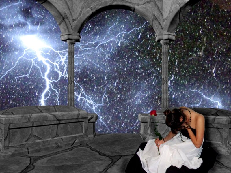 Woman in White Dress — Gray, Dramatic, Night, Digital Art, Stone Arches